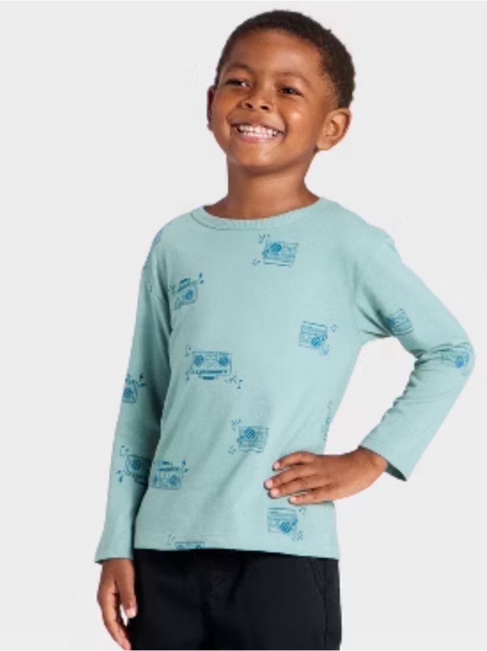 🎤NWT Cat & Jack Light Blue Long Sleeve Tee with Dark Blue Prints SZ4T